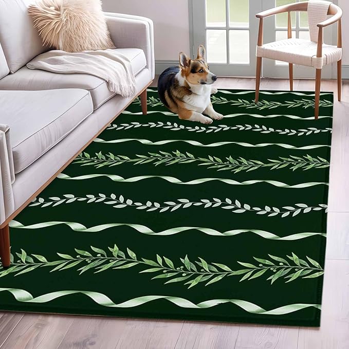 Area Rug 4x6ft, Botanical Leaves Green Ribbons Washable Rugs for Living Room Bedroom, Summer Foliage Plant Soft Non-Slip Area Rugs Rectangle Floor Carpet for Dining Room