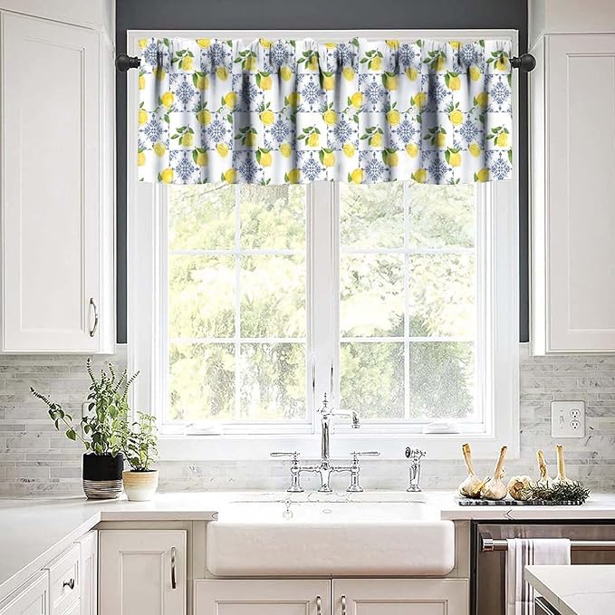 Lemon Floral Curtain Valance, Blue White Tile Farmhous Rustic Short Window Drapes for Kitchen Dining Room Bedroom Living Room Resturant Home Decoration, 54x18Inch