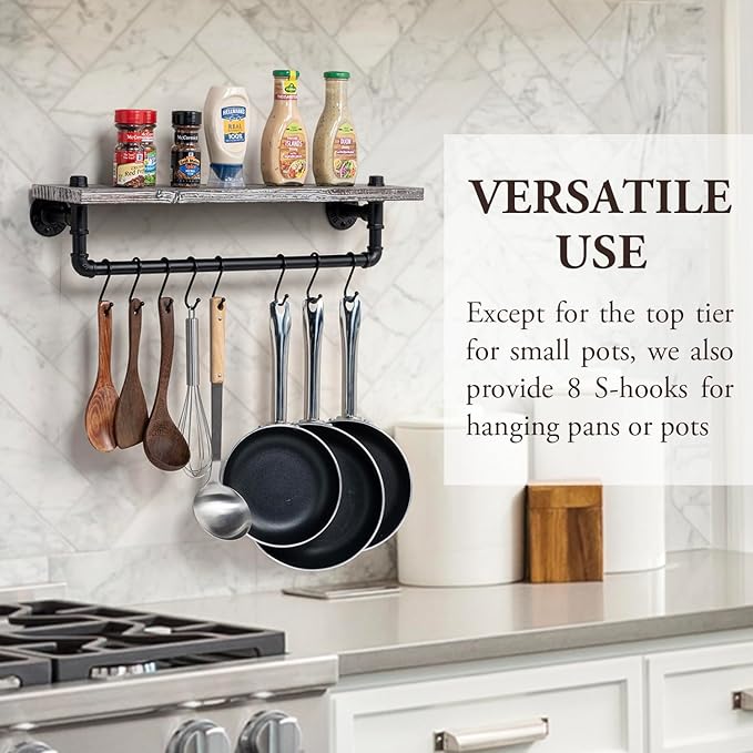 MyGift Wall Mounted Kitchen Pot Rack, Rustic Torched Wood Floating Display Shelf and Industrial Matte Black Metal Pipe Towel Bar and Hanging Cooking Pots and Pans Organizer with 8 S-Hooks