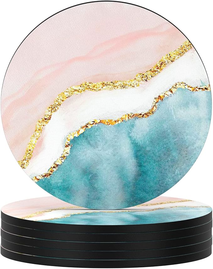 Nipichsha Coasters for Drinks, Set of 6 Cute Absorbent Rubber Drink Coasters for Cup with Non Slip Backing, Kitchen Home Decor Housewarming Gift, Round 4 in, Pink Gilt