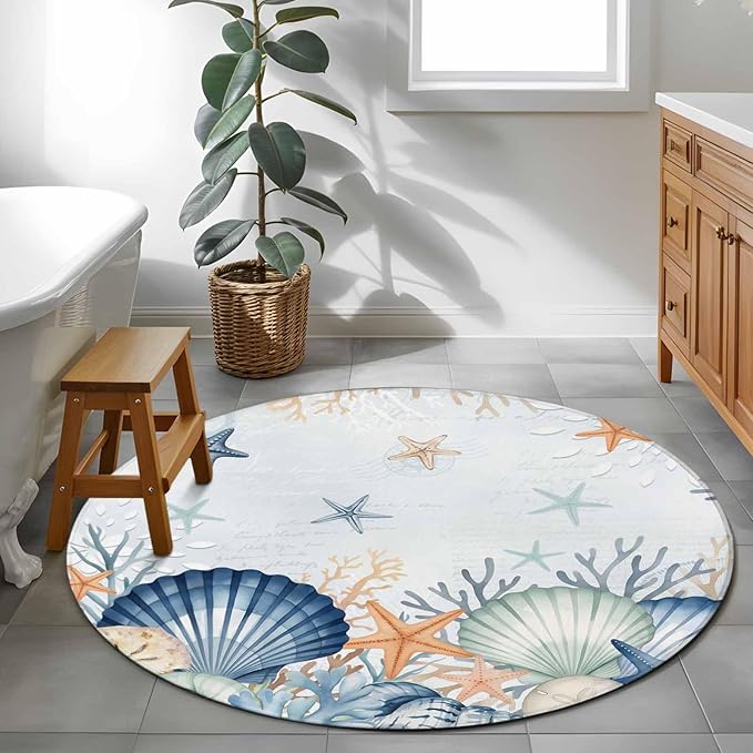 Washable Round Area Rug Underwater Shells Starfish on Blue Circle Rugs Floor Carpet for Living Room Bedroom, Colorful Coral Soft Non Slip Round Rug 3ft