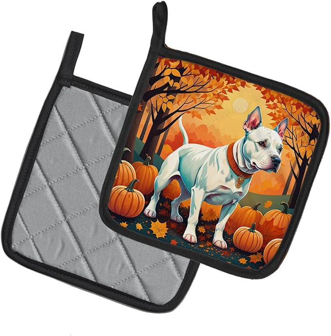 Caroline's Treasures DAC1008PTHD White Pit Bull Terrier Fall Pair of Pot Holders Kitchen Heat Resistant Pot Holders Sets Oven Hot Pads for Cooking Baking BBQ, 7 1/2 x 7 1/2