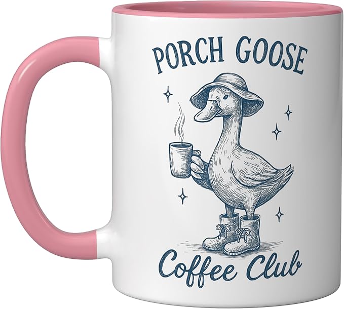 Porch Goose Coffee Club Funny Silly Goose Coffee Lover Ceramic Mug, Pink/White