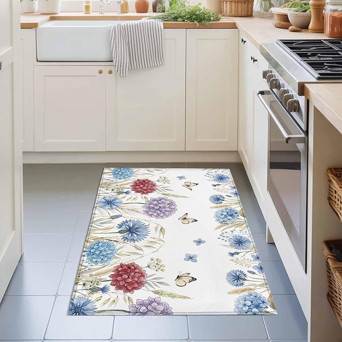 Area Rug 2x3ft, Watercolor Hydrangea Flower Washable Rugs for Living Room Bedroom, Garden Floral Butterfly Leaves Soft Non-Slip Area Rugs Rectangle Floor Carpet for Dining Room