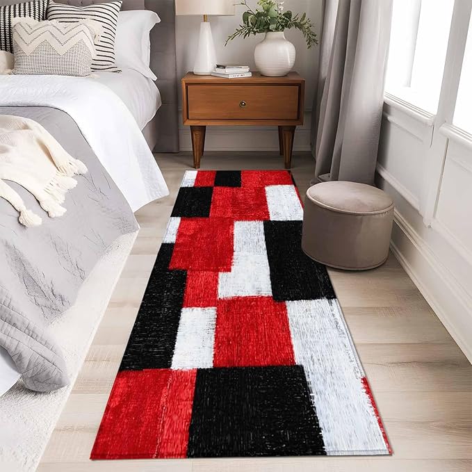 Runner Rug for Bedroom Hallway, Red Black White Gradient Kitchen Runner Rugs Area Rug 2x6ft, Abstract Color Block Washable Soft Floor Carpet for Entryway Stair