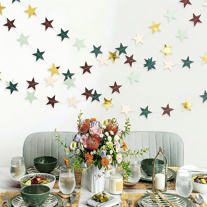Patelai 130 Feet Glitter Star Garland Banner 2026 Party Decoration Double Side Star Hanging String Streamer Paper Twinkle for Graduation Wedding Birthday (White,Light/Dark Green,Brown,Gold)
