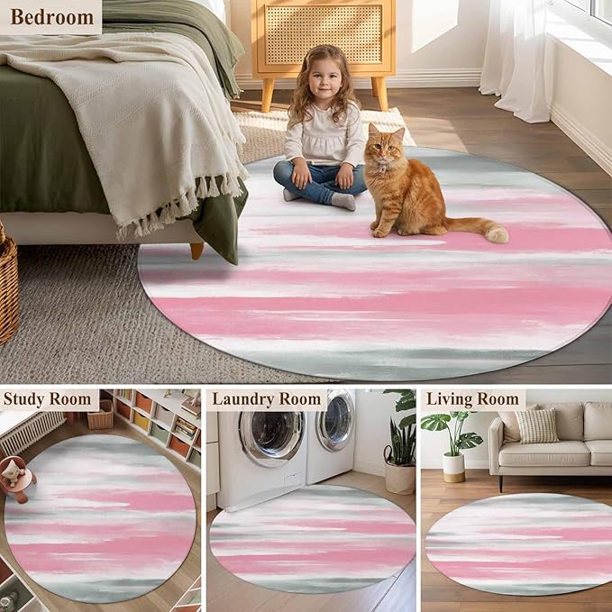 Washable Round Area Rug Pink Grey Mottled Texture Seamless Circle Rugs Floor Carpet for Living Room Bedroom, Gradient Abstract Art Soft Non Slip Round Rug 4ft