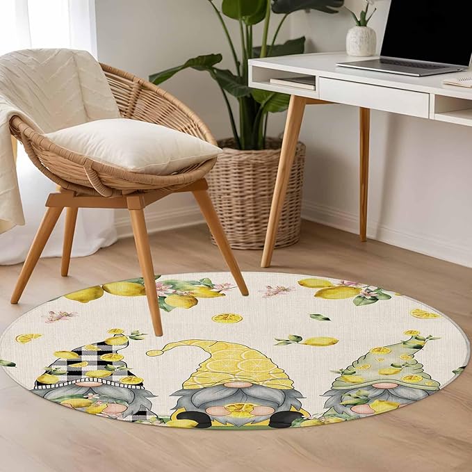 Washable Round Area Rug Summer Gnome with Lemon Circle Rugs Floor Carpet for Living Room Bedroom, Farmhouse Dwarf Fruit on Linen Soft Non Slip Round Rug 3ft