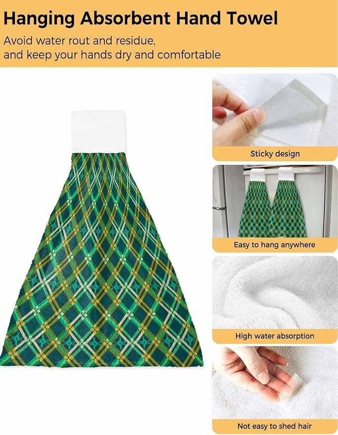 Alandar Home Kitchen Tie Towel Set of 2, Green Tartan Vintage Plaid Absorbent Soft Hand Towels for Bathroom Hanging Towels, Abstract Geometric Seamless Fast Drying Cleaning Cloth with Loop