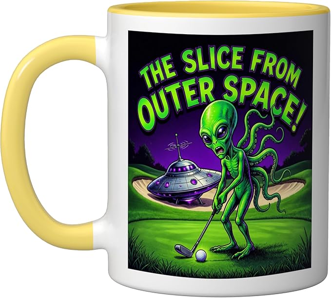 Funny Golfing Alien The Slice From Outer Space Retro UFO Ceramic Mug, Yellow/White