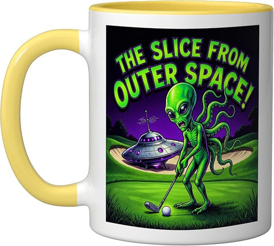 Funny Golfing Alien The Slice From Outer Space Retro UFO Ceramic Mug, Yellow/White