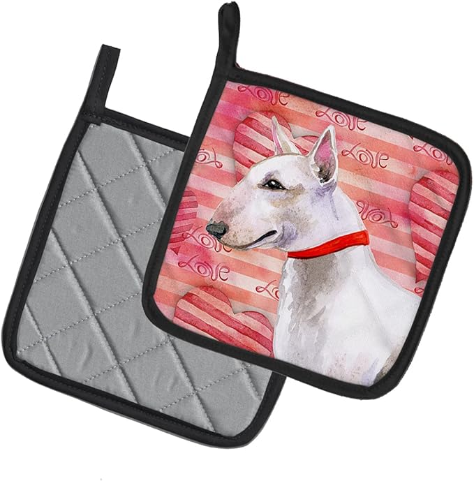 Caroline's Treasures BB9780PTHD Bull Terrier Love Pair of Pot Holders, Red Kitchen Heat Resistant Pot Holders Sets Oven Hot Pads for Cooking Baking BBQ, 7 1/2 x 7 1/2