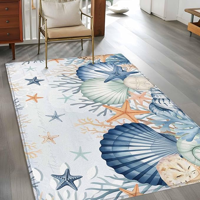Area Rug 3x5ft, Underwater Shells Starfish on Blue Washable Rugs for Living Room Bedroom, Colorful Coral Soft Non-Slip Area Rugs Rectangle Floor Carpet for Dining Room