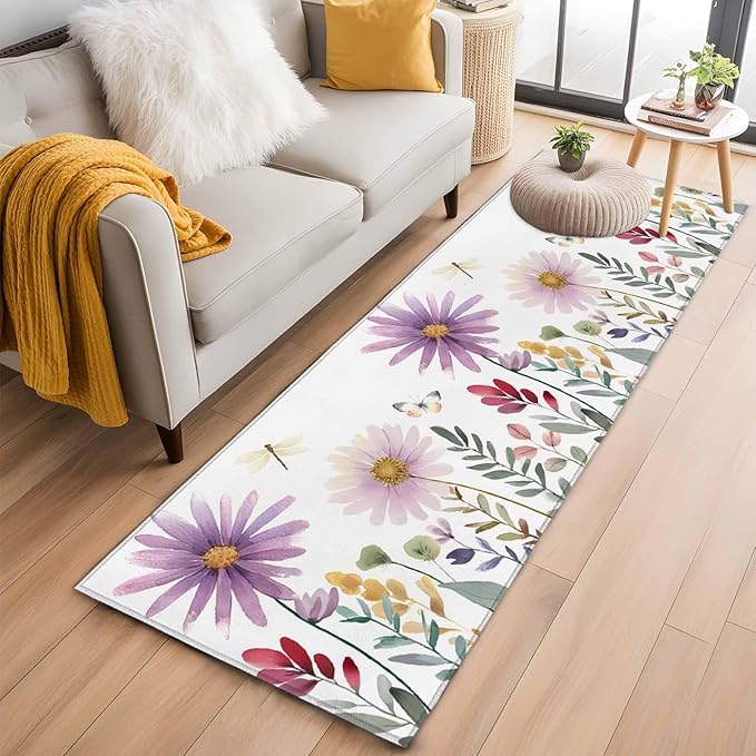 Runner Rug for Bedroom Hallway, Country Field Purple Flowers Kitchen Runner Rugs Area Rug 2x6ft, Farm Floral Art Washable Soft Floor Carpet for Entryway Stair