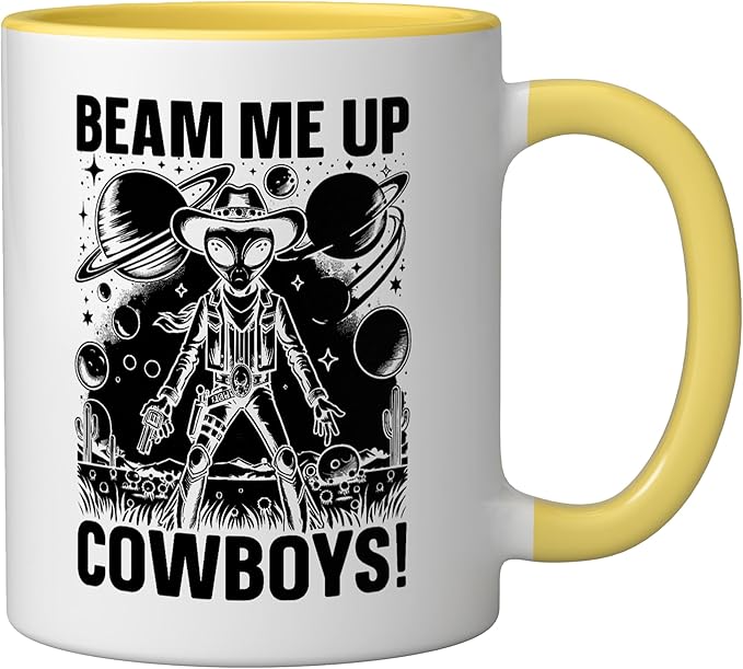 Alien Lover Flying Saucer UFO Extraterrestrial Cowboy Ceramic Mug, Yellow/White