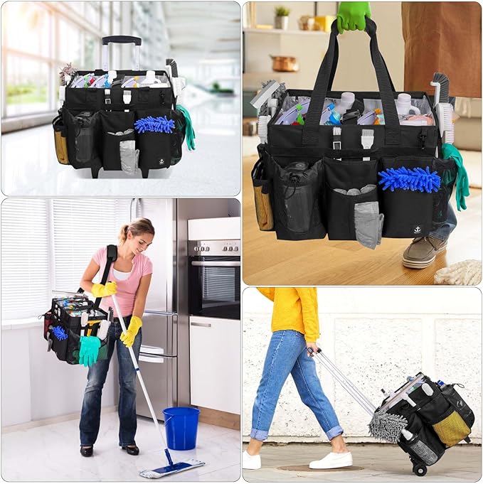 Extra large Rolling Cleaning caddy bag Built-in Hard Support Board,Cleaning Cart with Detachable Trolley, Housekeeping Cleaning caddy with Adjustable Shoulder Strap and Multiple Storage Pockets