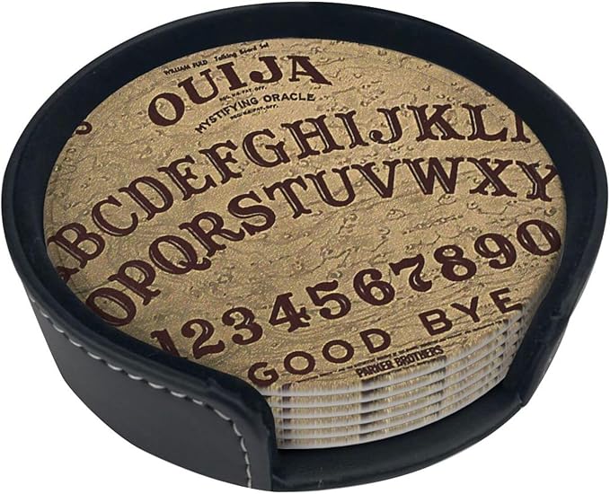 Ouija Board Leather Drinks Coasters with Holder, Set of 6, Suitable for Various Cups