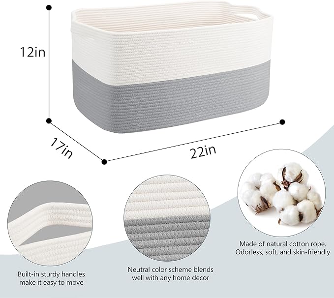 MEGASKET Extra Large Laundry Basket, Rectangle Woven Cotton Rope Storage Basket with Handles, Wicker Laundry Hamper, Farmhouse Storage Bin for Blankets Clothes Toys, Grey, 22" x 17" x 12"
