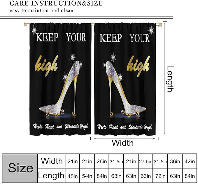 High Heels Curtain,Luxury Silver Glitter Black Stars Girl Women Cloth Farbic Window Treatment Curtains Bedroom Cafe Dining Room Office Living Room Kitchen Drapes, 72x63 in