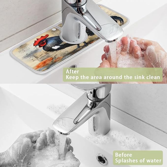 Rooster Watercolor Flowers Kitchen Sink Splash Guard Absorbent Fast Drying Mat Sink Gadgets Washable Sink Matt for Kitchen Faucet Splash Guard