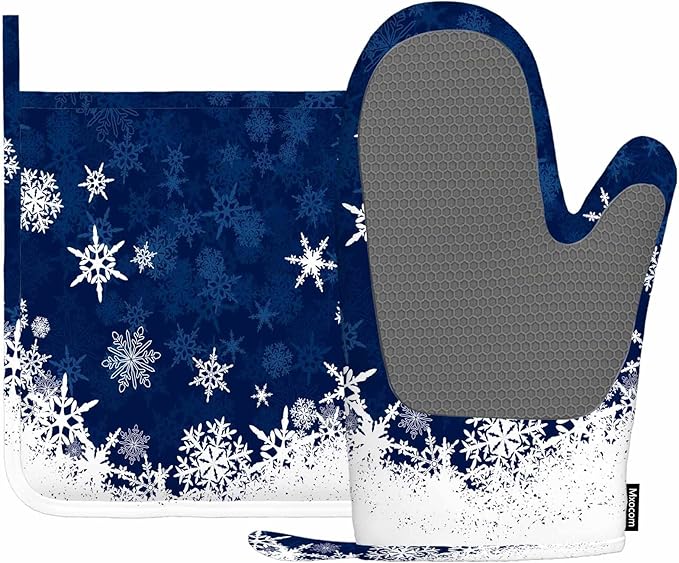 Mxocom Merry Christmas Snowflake Silicone Oven Mitts and Pot Holders Sets Winter Blue Frosty Snow Christmas BBQ Gloves for Kitchen,Cooking,Baking,Grilling