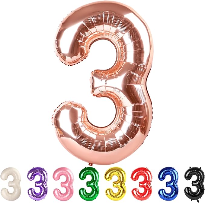 Numbers 3 Balloons Rose Gold Party Decorations for Girl Boys, 40 In Big Three Balloons for Engagement, Wedding, Celebration Party, Graduations, Photo Shoot