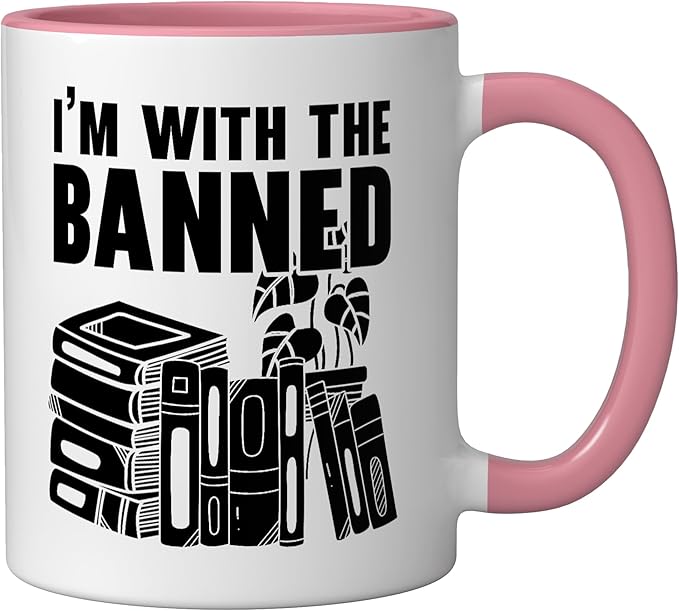 I'm With The Banned Bookworm Book Lover Bibliophile Ceramic Mug, Pink/White