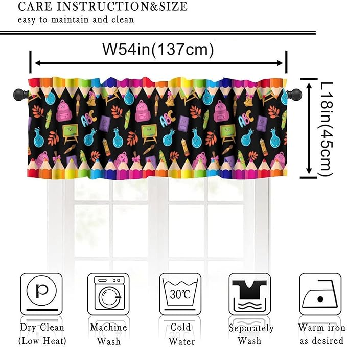 School Supplies Valance, Colorful Cartoon Crayon Pencil Educational Learning Window Treatment for Kitchen Bedroom Study Room Classroom, 54x18Inch