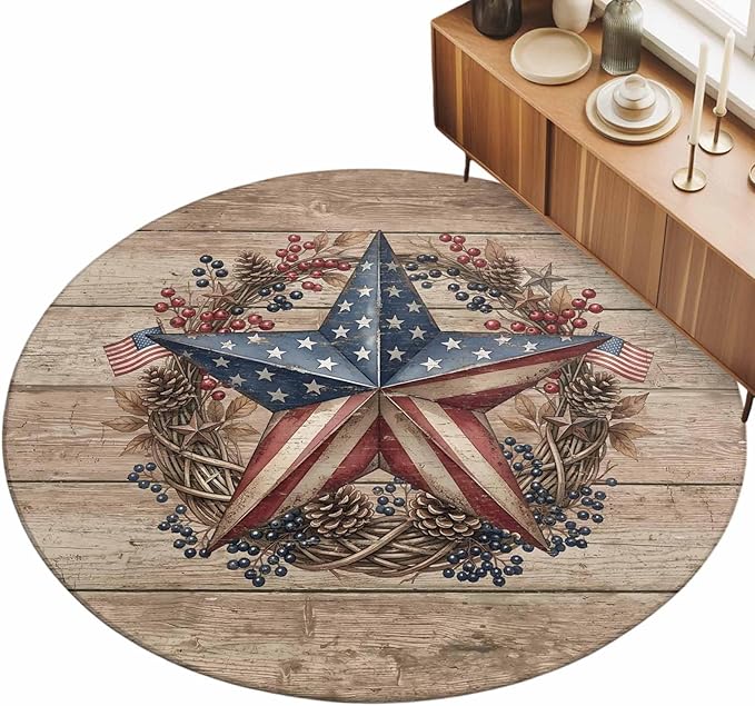 Washable Round Area Rug Independence Day USA Flag Star Circle Rugs Floor Carpet for Living Room Bedroom, Farm Wood Background Soft Non Slip Round Rug 5ft