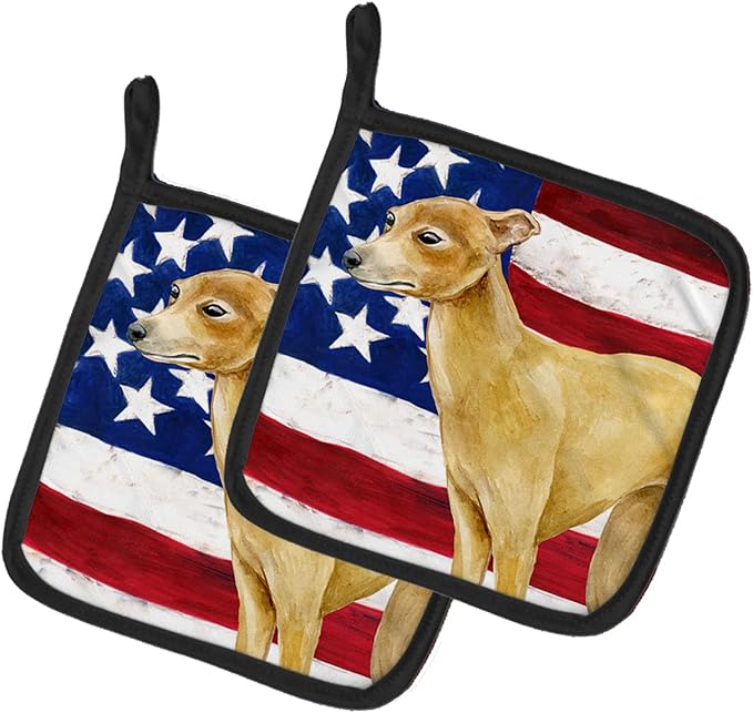 Caroline's Treasures BB9698PTHD Italian Greyhound Patriotic Pair of Pot Holders Kitchen Heat Resistant Pot Holders Sets Oven Hot Pads for Cooking Baking BBQ, 7 1/2 x 7 1/2