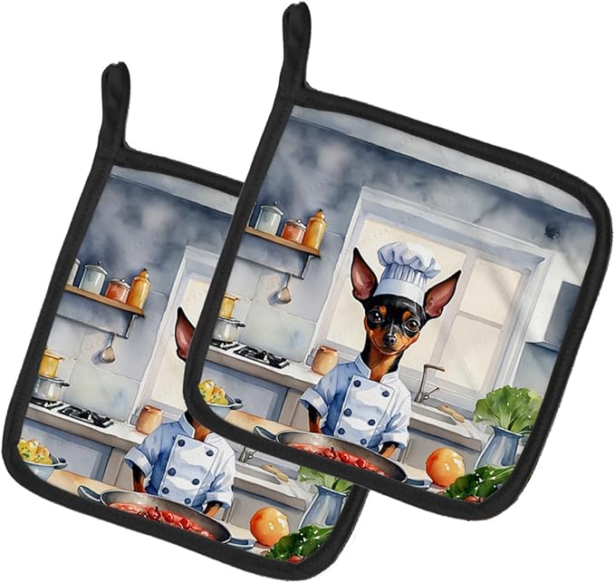 Caroline's Treasures Miniature Pinscher The Chef Pair of Pot Holders Kitchen Heat Resistant Pot Holders Sets Oven Hot Pads for Cooking Baking BBQ, 7 1/2 x 7 1/2