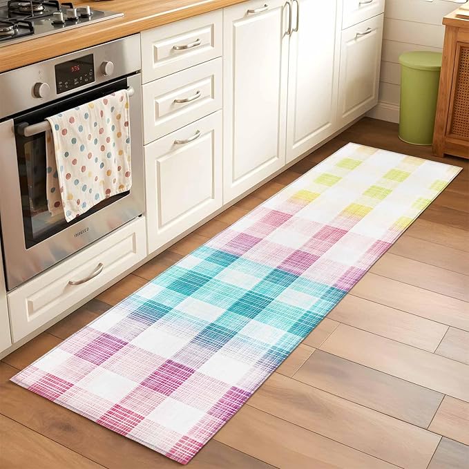 Runner Rug for Bedroom Hallway, Easter Red Yellow Blue Stripes Kitchen Runner Rugs Area Rug 2x6ft, Abstract Buffalo Plaid Washable Soft Floor Carpet for Entryway Stair