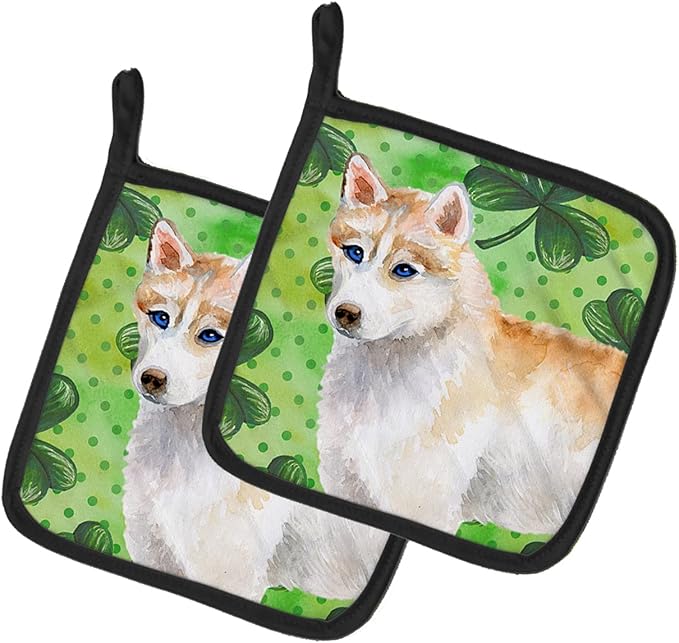 Caroline's Treasures BB9829PTHD Siberian Husky St Patrick's Pair of Pot Holders, Green Kitchen Heat Resistant Pot Holders Sets Oven Hot Pads for Cooking Baking BBQ, 7 1/2 x 7 1/2