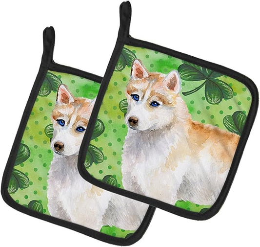 Caroline's Treasures BB9829PTHD Siberian Husky St Patrick's Pair of Pot Holders, Green Kitchen Heat Resistant Pot Holders Sets Oven Hot Pads for Cooking Baking BBQ, 7 1/2 x 7 1/2