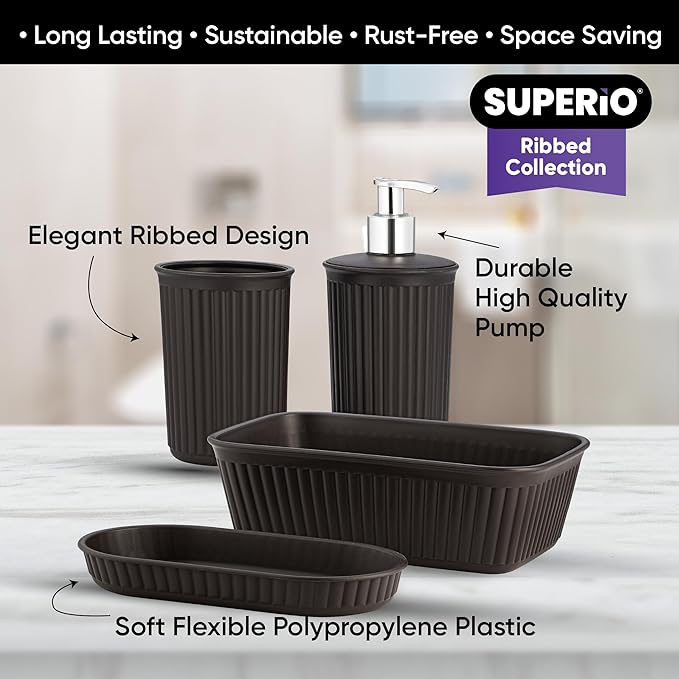 Decorative Plastic Bathroom Accessories Set, Brown (Set of 4) Soap Dish, Liquid Dispenser, Toothbrush Holder Cup, Vanity Organizer Tray - Bath Accessory Countertop Decor Gift - Ribbed Design