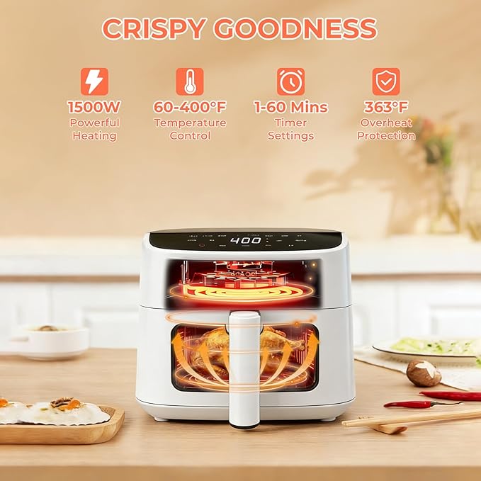 NEWBULIG Air Fryer，4QT Small AirFryer with Easy View Window and Interior Light, Digital Touchscreen with 8 Presets for Custom Cooking, Nonstick and Dishwasher Safe Basket, White
