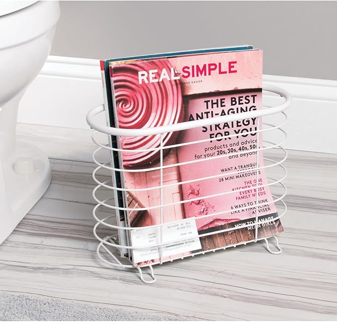 mDesign Steel Magazine Holder Storage Organizer Bin - for Bathroom, Living Room, Home Office Organization - Holds Papers, Books, Files, Folders - Omni Collection - White