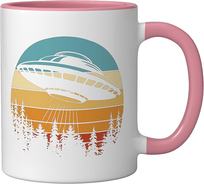 Alien UFO Flying Saucer Abduction Retro Ceramic Mug, Pink/White