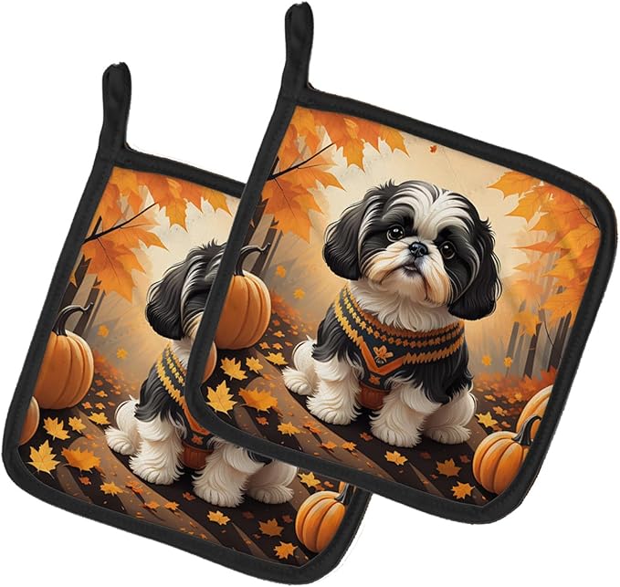 Caroline's Treasures DAC1073PTHD Shih Tzu Fall Pair of Pot Holders Kitchen Heat Resistant Pot Holders Sets Oven Hot Pads for Cooking Baking BBQ, 7 1/2 x 7 1/2