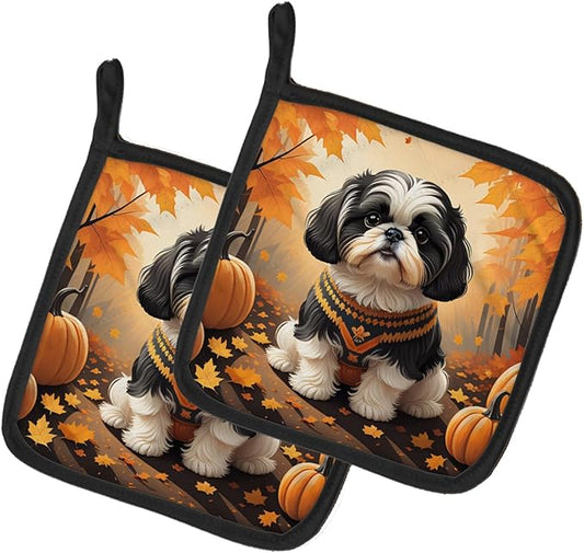 Caroline's Treasures DAC1073PTHD Shih Tzu Fall Pair of Pot Holders Kitchen Heat Resistant Pot Holders Sets Oven Hot Pads for Cooking Baking BBQ, 7 1/2 x 7 1/2
