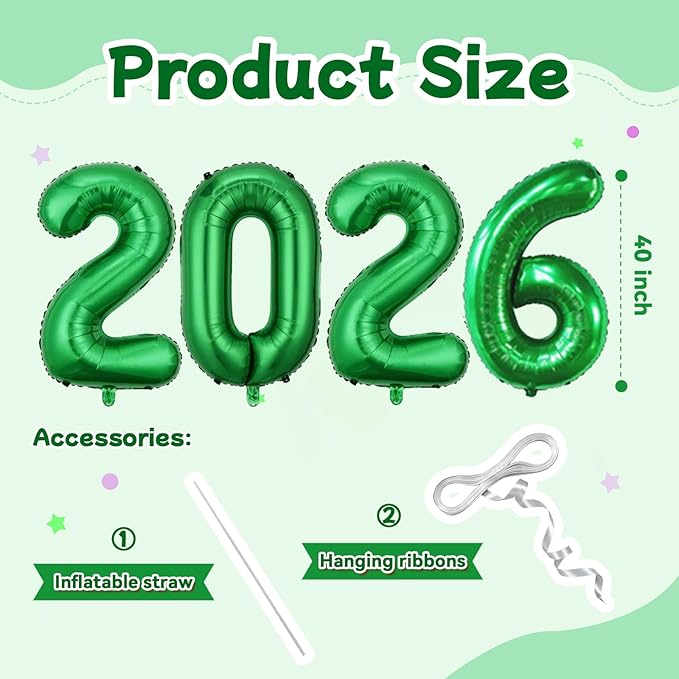 Green 2026 Balloons, Jumbo 40 Inch Foil 2026 Number Balloons, Grad Balloons for Class of 2026 Graduation Party, Green Matellic Foil New Year Birthday Home Office Party Supplies