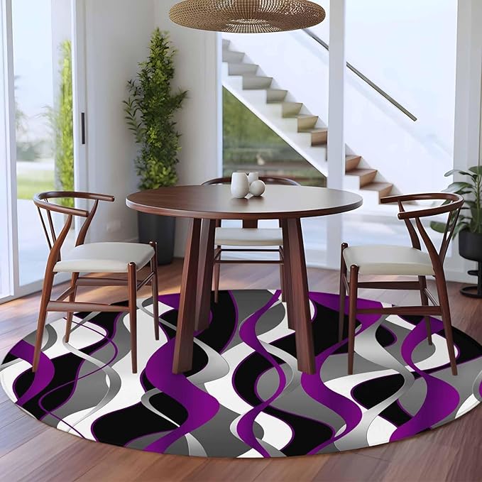 Washable Round Area Rug Abstract Purple Gray Black White Stripes Circle Rugs Floor Carpet for Living Room Bedroom, Modern Lines Soft Non Slip Round Rug 5ft
