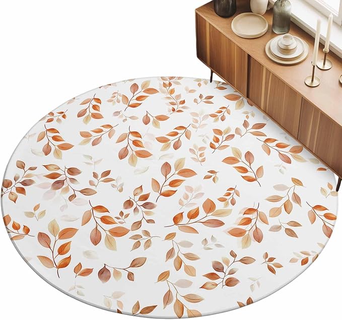 Washable Round Area Rug Autumn Orange Leaf Botanical Circle Rugs Floor Carpet for Living Room Bedroom, Abstract Vine Pattern Soft Non Slip Round Rug 3ft