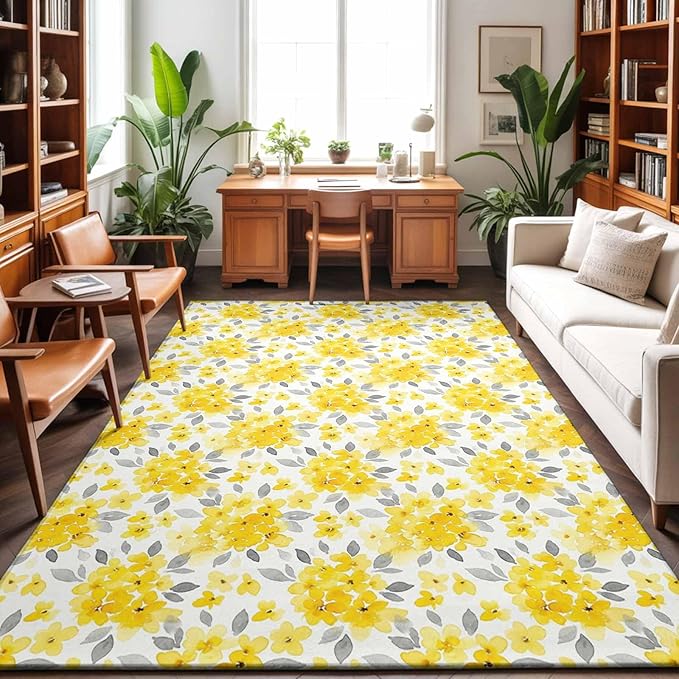 Area Rug 3x5ft, Summer Pastoral Yellow Flower Washable Rugs for Living Room Bedroom, Country Floral Leaf Theme Soft Non-Slip Area Rugs Rectangle Floor Carpet for Dining Room
