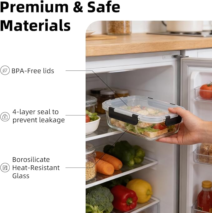Konokyo Rectangular Glass Food Storage Containers with Lids, 24 Pack Airtight Leakproof Meal Prep Containers, BPA-Free, Microwave Oven Freezer & Dishwasher Safe, Assorted Sizes