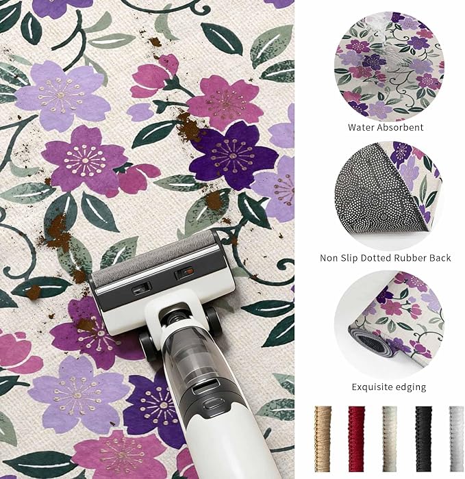Area Rug 3x5ft, Watercolor Country Flowers Washable Rugs for Living Room Bedroom, Plum Blossoms on Linen Soft Non-Slip Area Rugs Rectangle Floor Carpet for Dining Room
