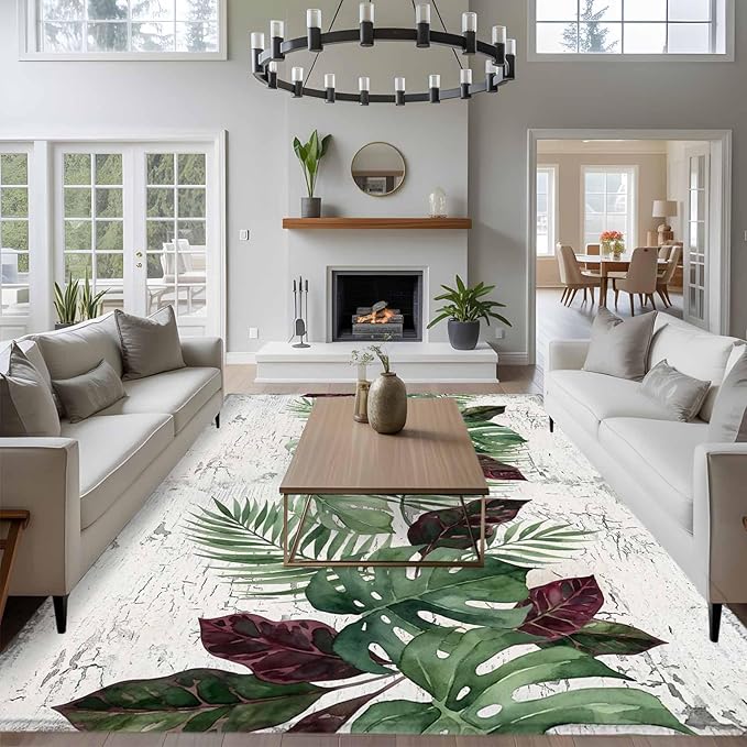 Area Rug 9x12ft, Summer Green Monstera Palm Leaves Washable Rugs for Living Room Bedroom Rectangle Floor Carpet, Vintage Botantical Soft Non-Slip Area Rugs for Dining Room