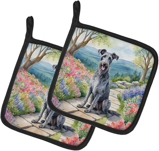 Caroline's Treasures Scottish Deerhound Spring Path Pair of Pot Holders Kitchen Heat Resistant Pot Holders Sets Oven Hot Pads for Cooking Baking BBQ, 7 1/2 x 7 1/2