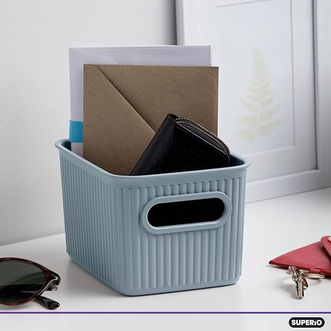 Superio Ribbed Collection - Decorative Plastic Basket Open Home Storage Bins Organizer, Small Blue (2 Pack) Container Boxes for Organizing Closet Storage Bins for Shelves Drawer Shelf 1.5 Liter