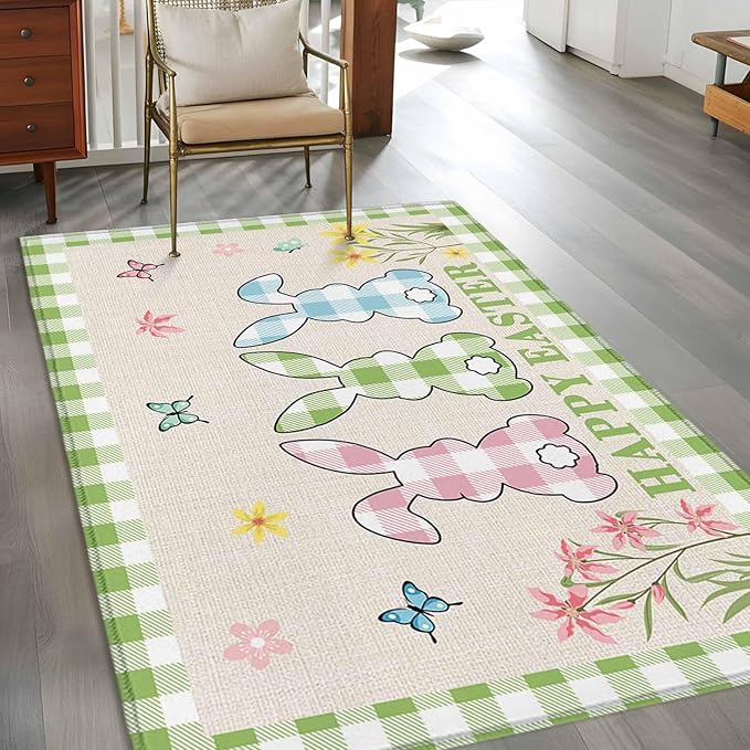 Area Rug 4x6ft, Happy Easter Bunny Shadow Flowers Washable Rugs for Living Room Bedroom, Retro Linen Cotton and Grid Soft Non-Slip Area Rugs Rectangle Floor Carpet for Dining Room